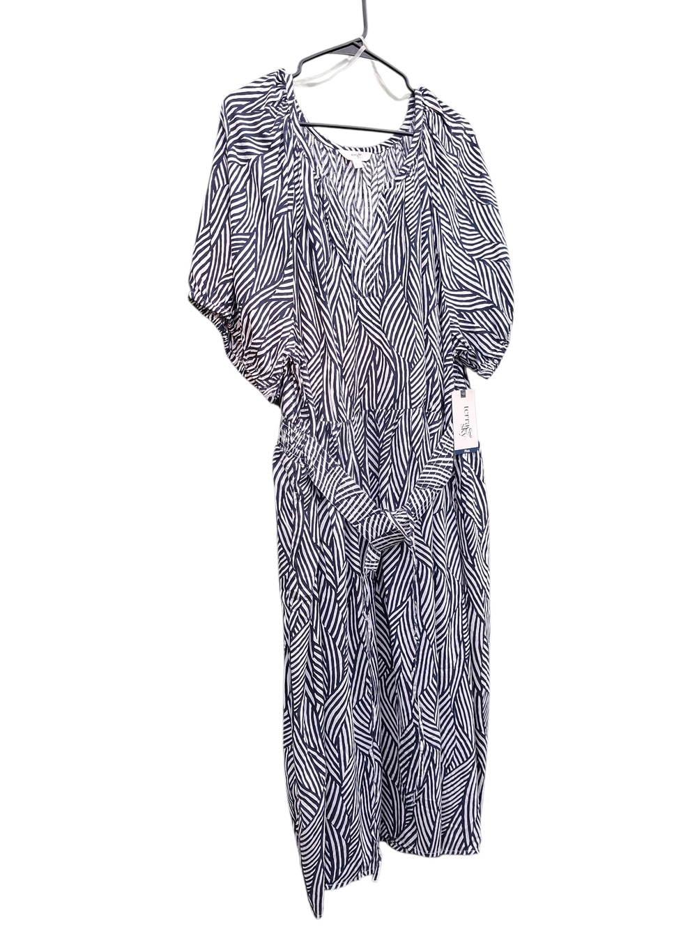 Terra & Sky Navy and White Leaf-Print Midi Dress with Tie Waist